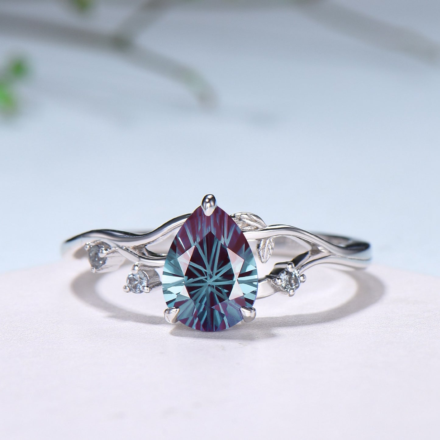 Unique Pear Shaped Firework Cut Alexandrite Engagement Ring, Nature Inspired Leaf Twig Gold Ring - PENFINE