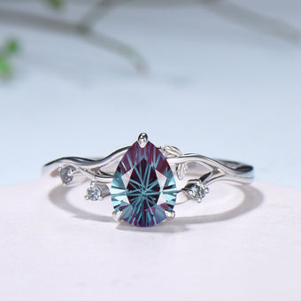 Unique Pear Shaped Firework Cut Alexandrite Engagement Ring, Nature Inspired Leaf Twig Gold Ring - PENFINE