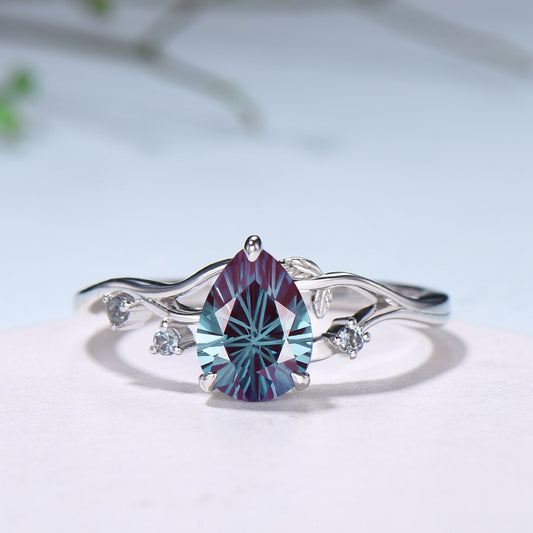 Unique Pear Shaped Firework Cut Alexandrite Engagement Ring, Nature Inspired Leaf Twig Gold Ring - PENFINE