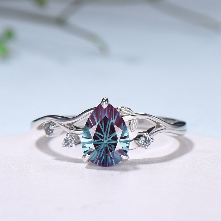 Unique Pear Shaped Firework Cut Alexandrite Engagement Ring, Nature Inspired Leaf Twig Gold Ring - PENFINE