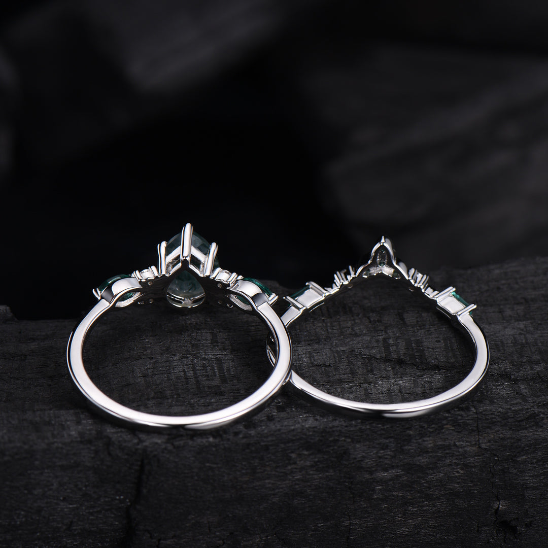 1.25 CT Pear shaped natural moss agate engagement ring rose gold infinity twisted Celtic knot Baguette cut emerald bridal ring set women