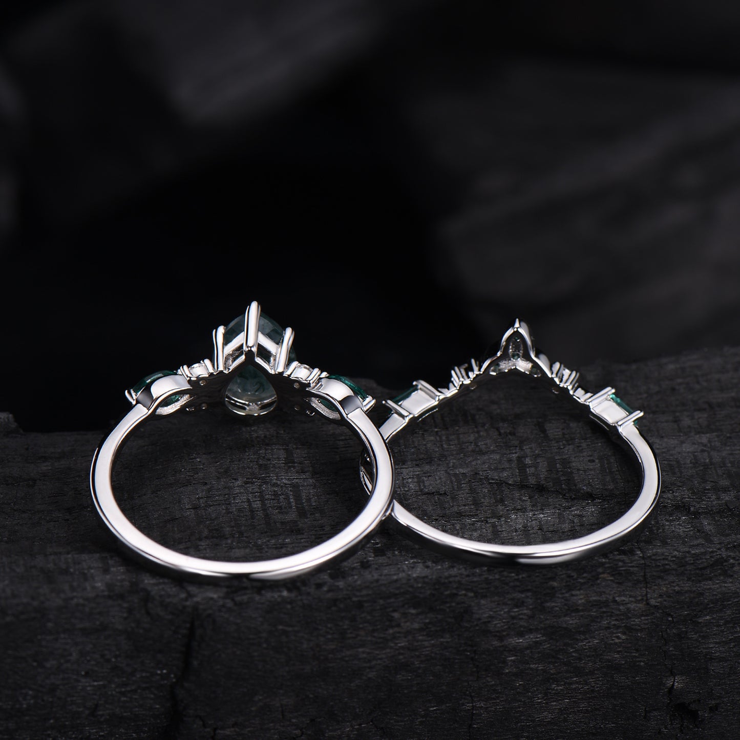 1.25 CT Pear shaped natural moss agate engagement ring rose gold infinity twisted Celtic knot Baguette cut emerald bridal ring set women