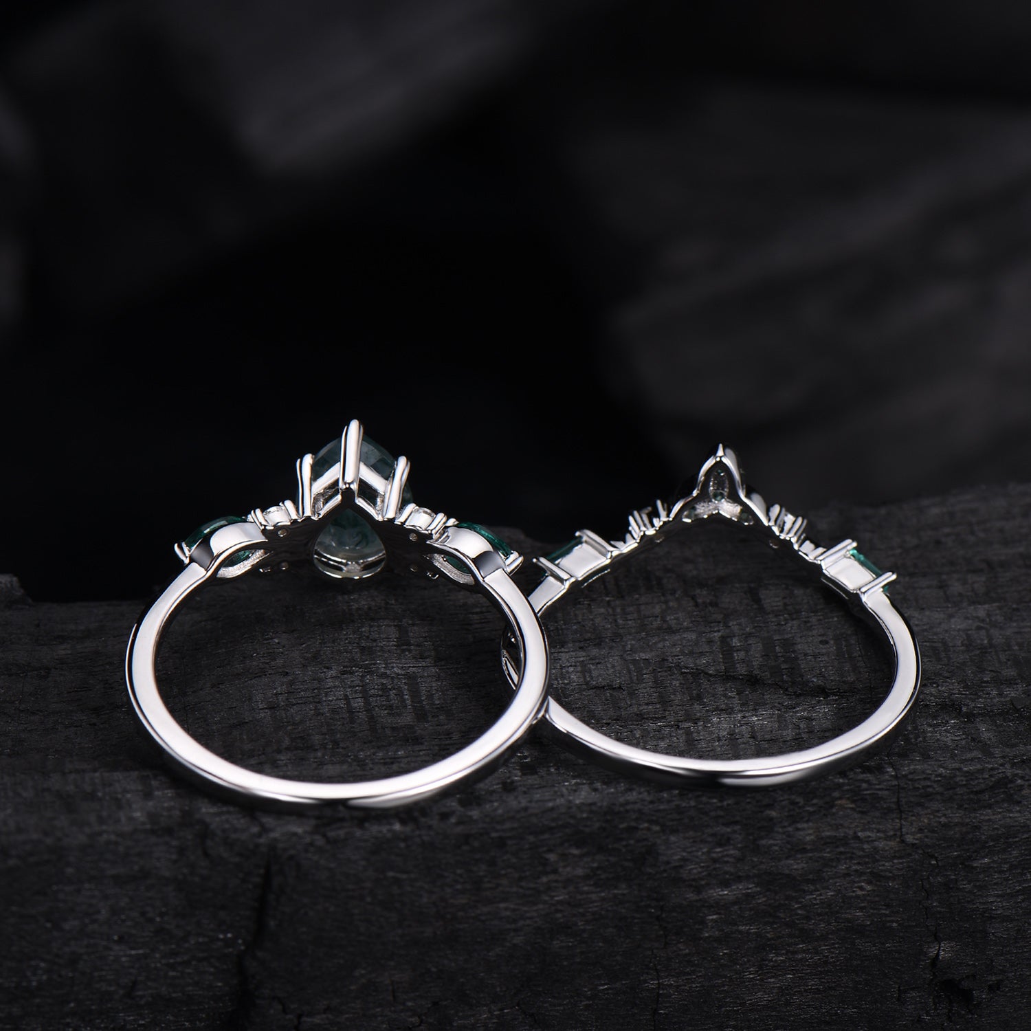 1.25 CT Pear shaped natural moss agate engagement ring rose gold infinity twisted Celtic knot Baguette cut emerald bridal ring set women