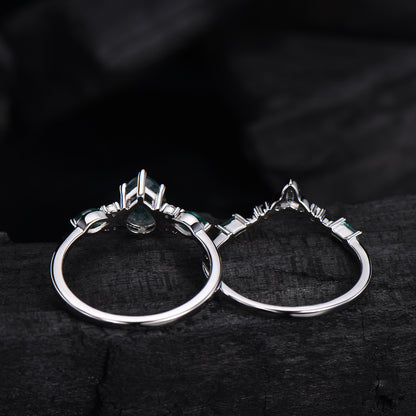 1.25 CT Pear shaped natural moss agate engagement ring rose gold infinity twisted Celtic knot Baguette cut emerald bridal ring set women