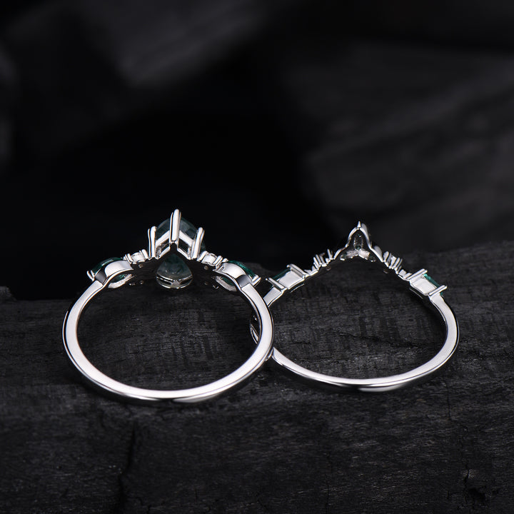 1.25 CT Pear shaped natural moss agate engagement ring rose gold infinity twisted Celtic knot Baguette cut emerald bridal ring set women