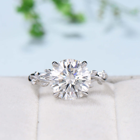 10mm Round Brilliant Moissanite ring Leaf Branch Big 4CT Moissanite Engagement Ring 18K White Gold Nature Inspired Unique Twig Wedding Ring - PENFINE