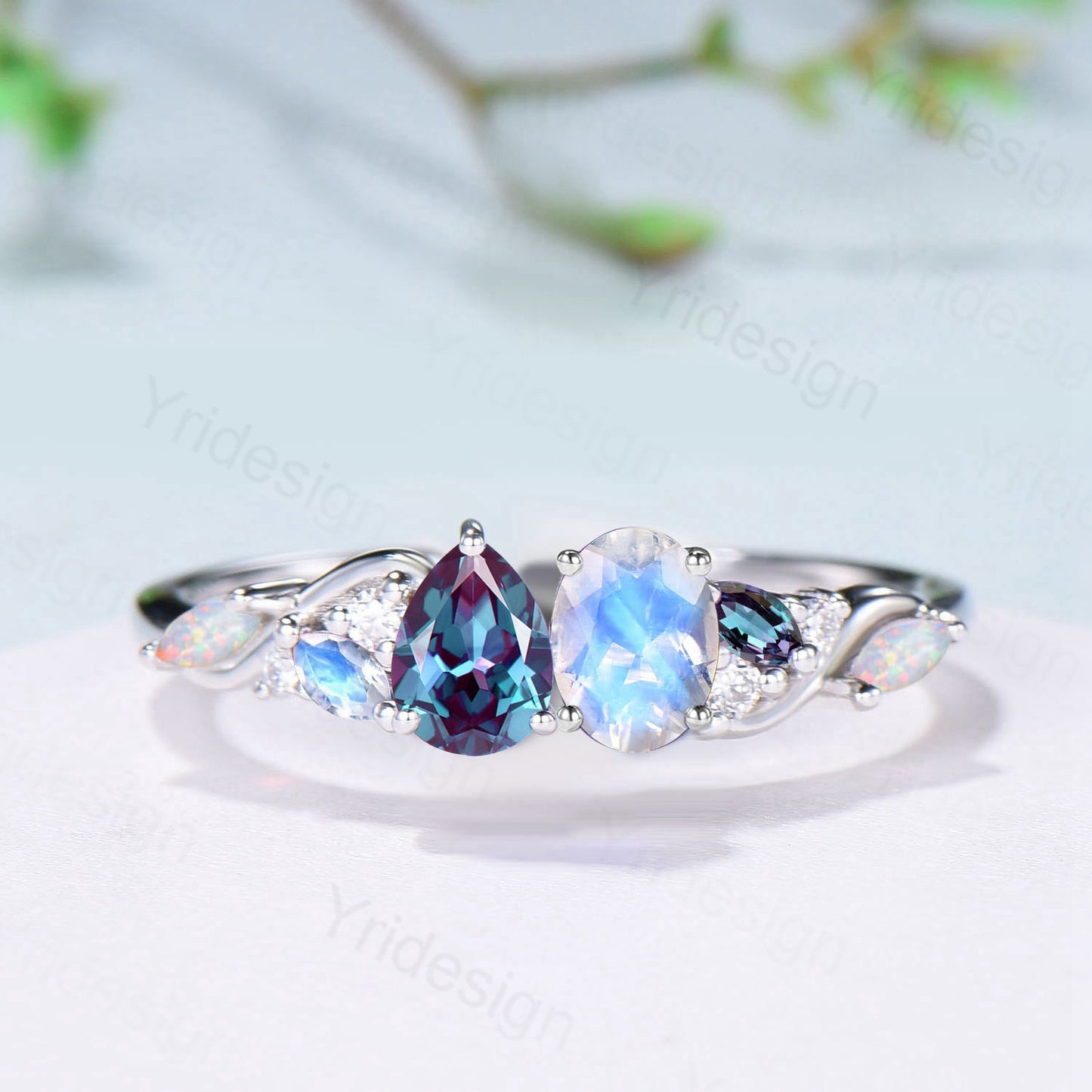Toi et Moi Moonstone & Alexandrite Engagement Ring | Pear and Oval Cut - PENFINE