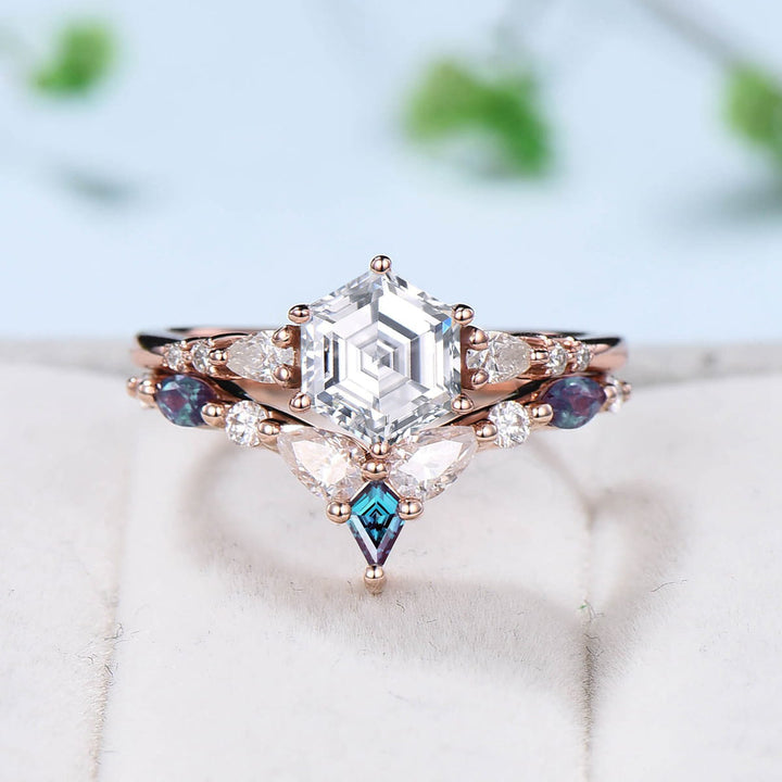 Hexagon moissanite engagement ring set art deco rose gold unique vintage engagement ring pear moissanite kite alexandrite wedding ring set - PENFINE