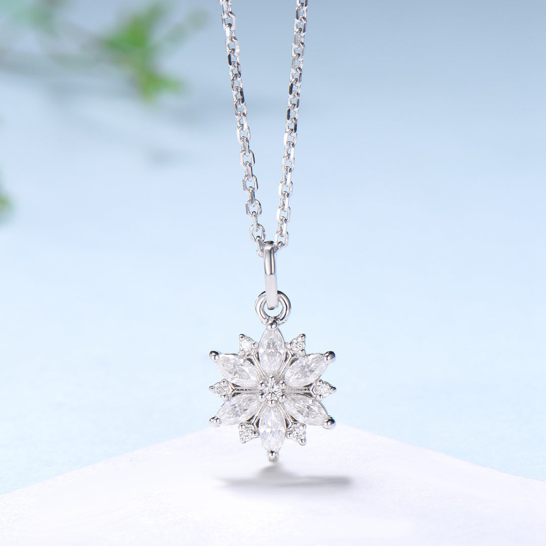 Vintage Snowflake Moissanite Pendant Necklace Unique Marquise CVD Diamond Necklace Floral Floral Pendant Sunflower Christmas gift for her - PENFINE