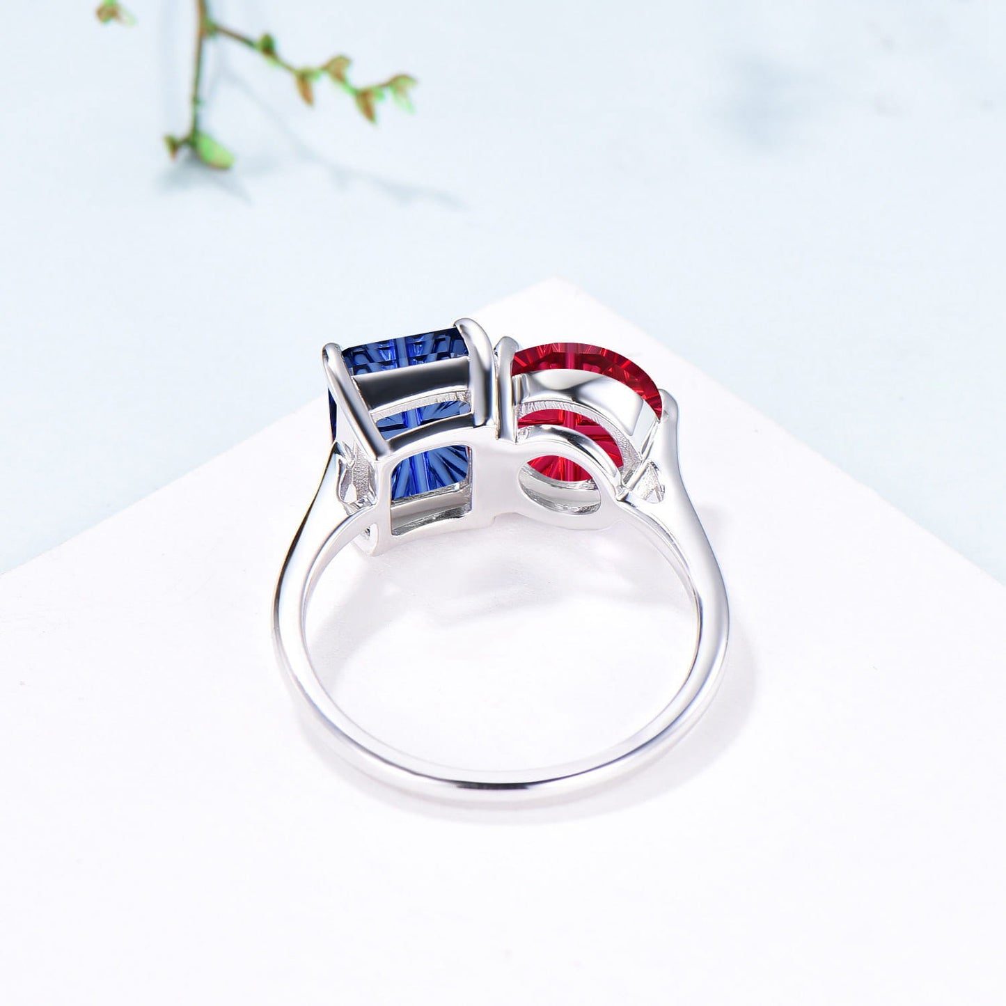Starburst Cut Toi et Moi Engagement Ring  Emerald Red Ruby and Round Blue Sapphire Promise Ring