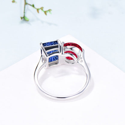 Starburst Cut Toi et Moi Engagement Ring  Emerald Red Ruby and Round Blue Sapphire Promise Ring