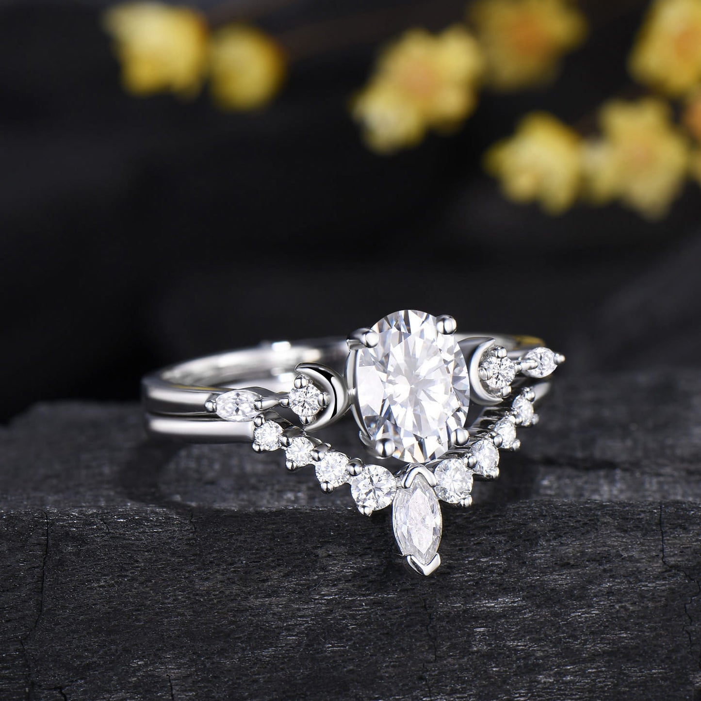 Oval Cut Moissanite Moon 5 Stone Engagement Ring Diamond White Gold Ring Set
