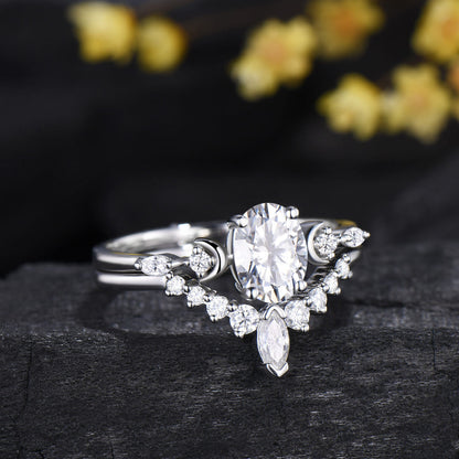 Oval Cut Moissanite Moon 5 Stone Engagement Ring Diamond White Gold Ring Set
