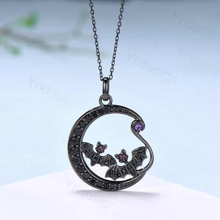 Unique Black Gold Night Moon Bat Gothic Pendant Necklace Magic Crescent Moon Amethyst Black Spinel Necklace Halloween Anniversary gift Women - PENFINE