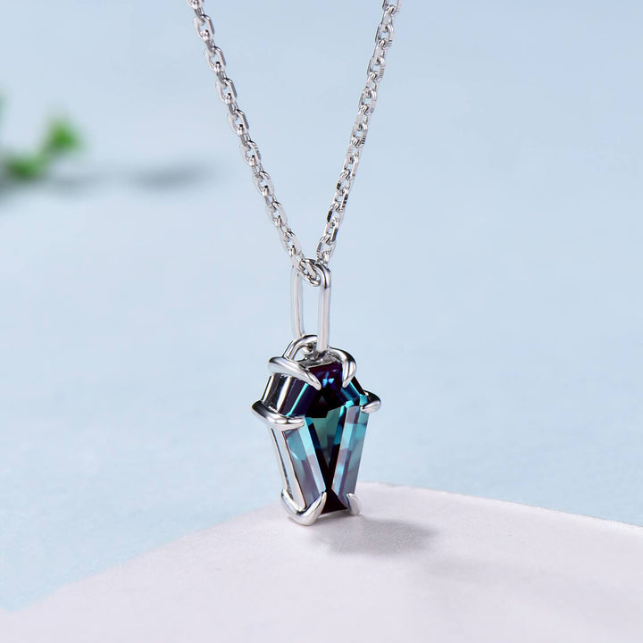 Coffin alexandrite necklace solid 14k 18k rose gold vintage unique Personalized minimalist color change pendant anniversary gift for women - PENFINE