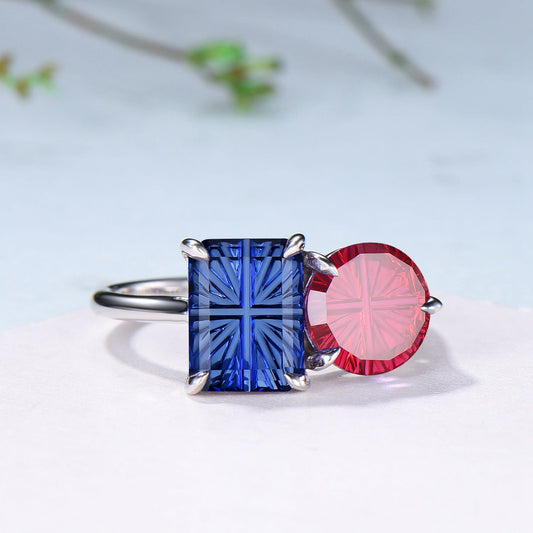 Starburst Cut Toi et Moi Engagement Ring  Emerald Red Ruby and Round Blue Sapphire Promise Ring