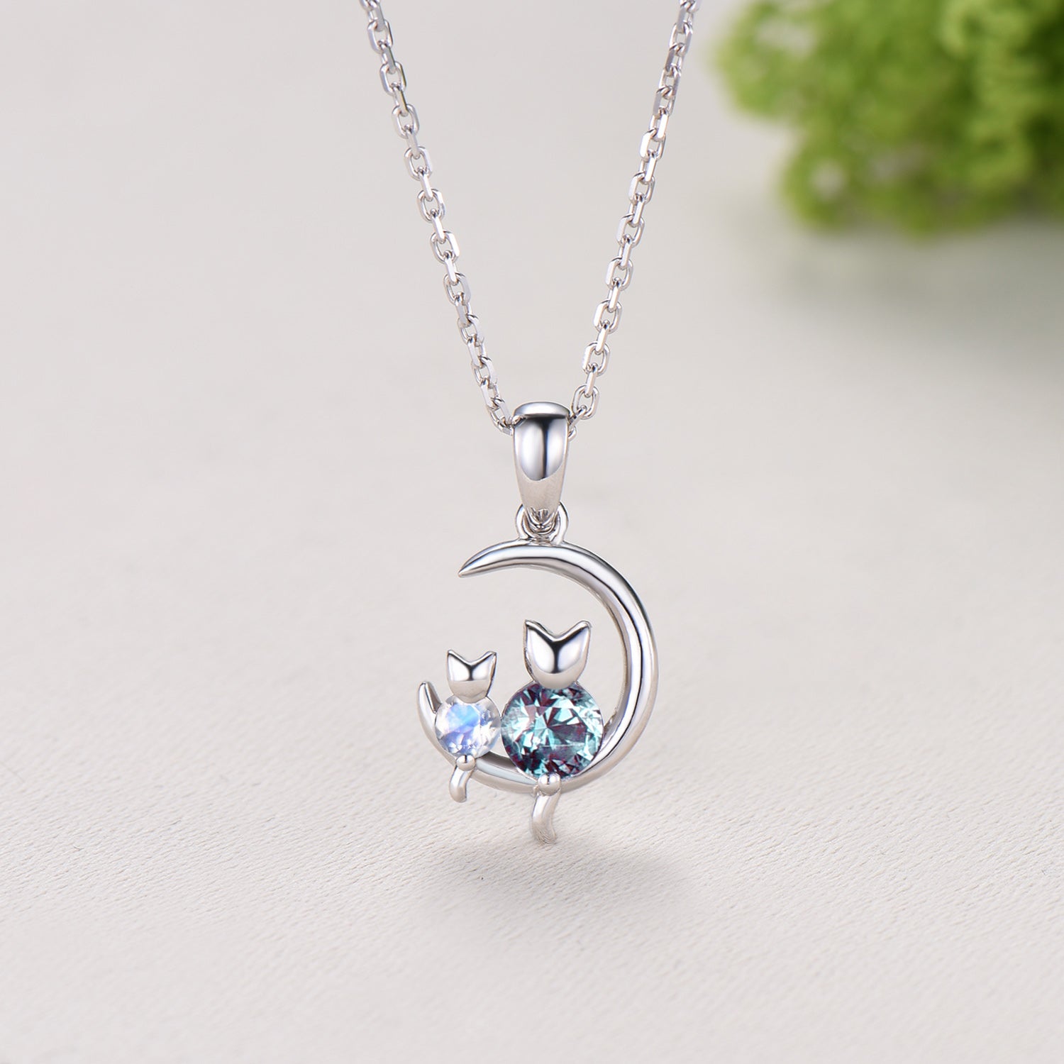 Dainty cat alexandrite moonstone necklace cute silver white gold moon family pendant personalized Two cats lying on the moon rocking chair