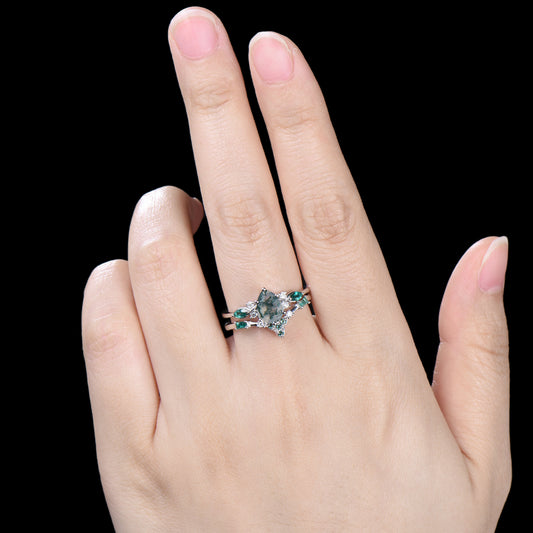 1.25 CT Pear shaped natural moss agate engagement ring rose gold infinity twisted Celtic knot Baguette cut emerald bridal ring set women