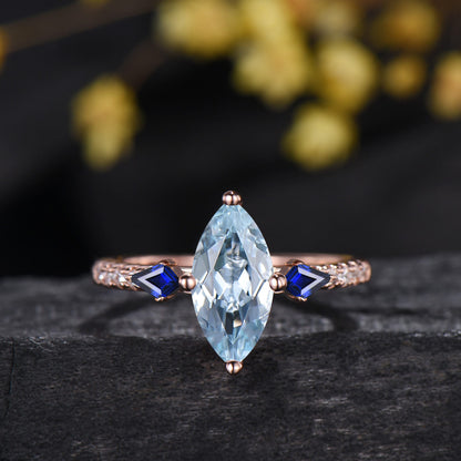 1CT Marquise Cut Natural Aquamarine Engagement Ring Set, March Birthstone Sapphire Wedding Ring Set