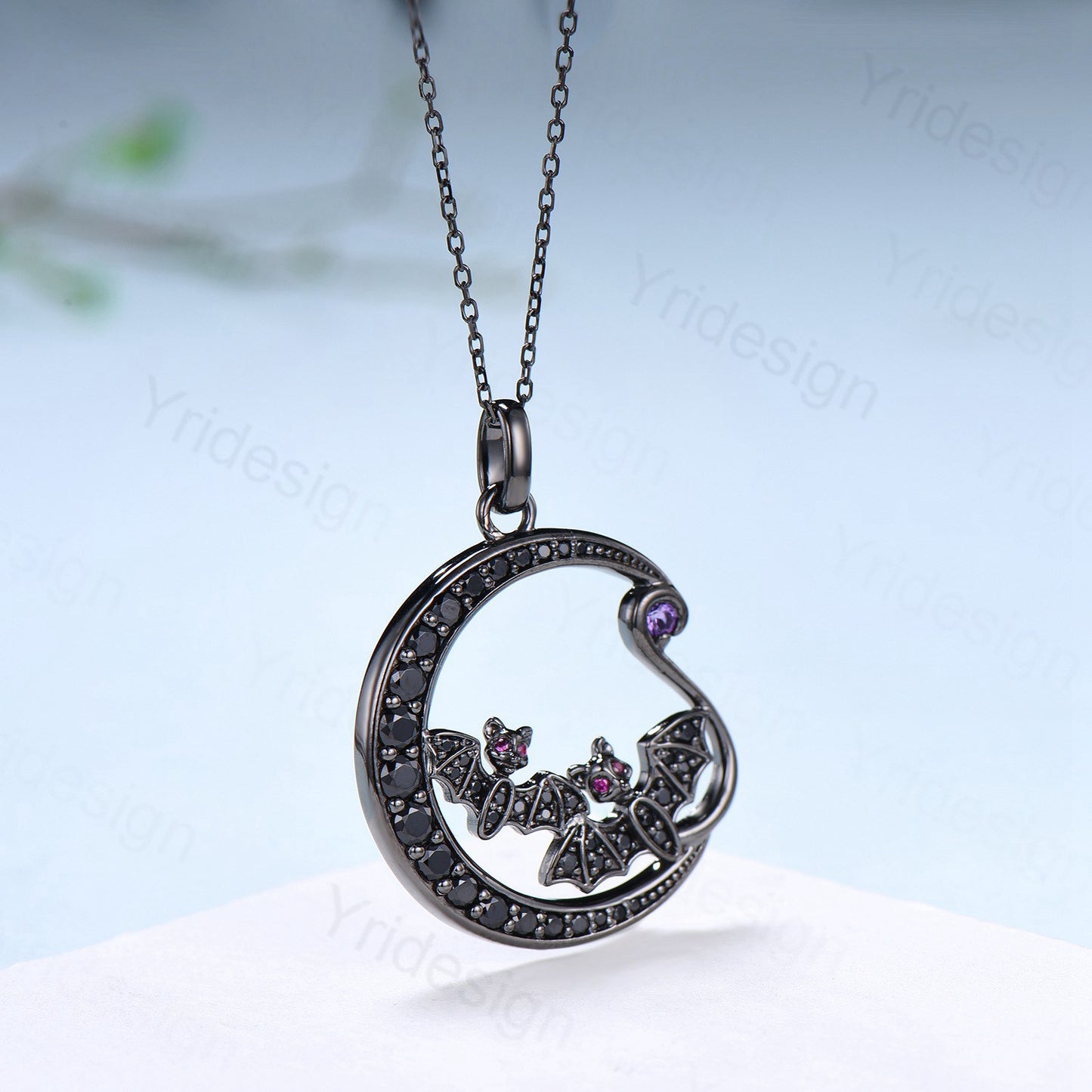 Unique Black Gold Night Moon Bat Gothic Pendant Necklace Magic Crescent Moon Amethyst Black Spinel Necklace Halloween Anniversary gift Women - PENFINE