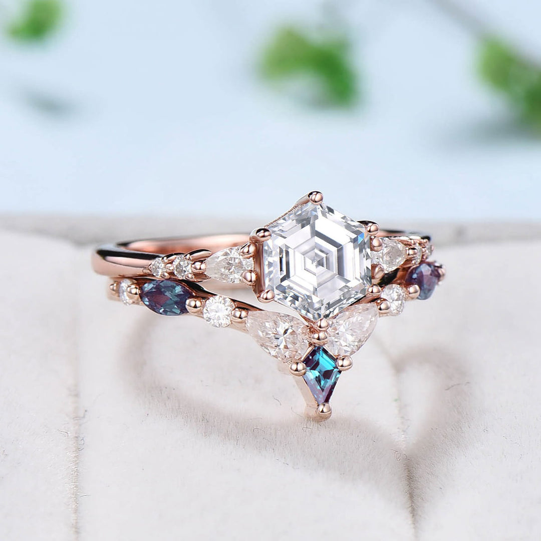 Hexagon moissanite engagement ring set art deco rose gold unique vintage engagement ring pear moissanite kite alexandrite wedding ring set - PENFINE