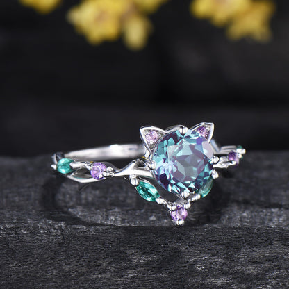 Cat Alexandrite Engagement Ring Black Gold Animal Inspired Amethyst Emerald Ring