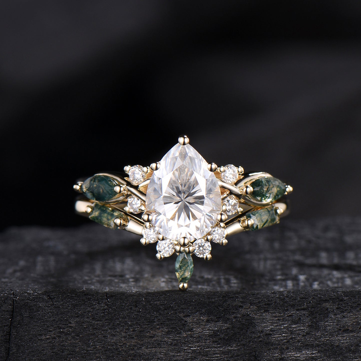 Vintage Pear Shaped Lab Grown Diamond Engagement Ring Set Marquise Moss Agate Wedding Ring Set