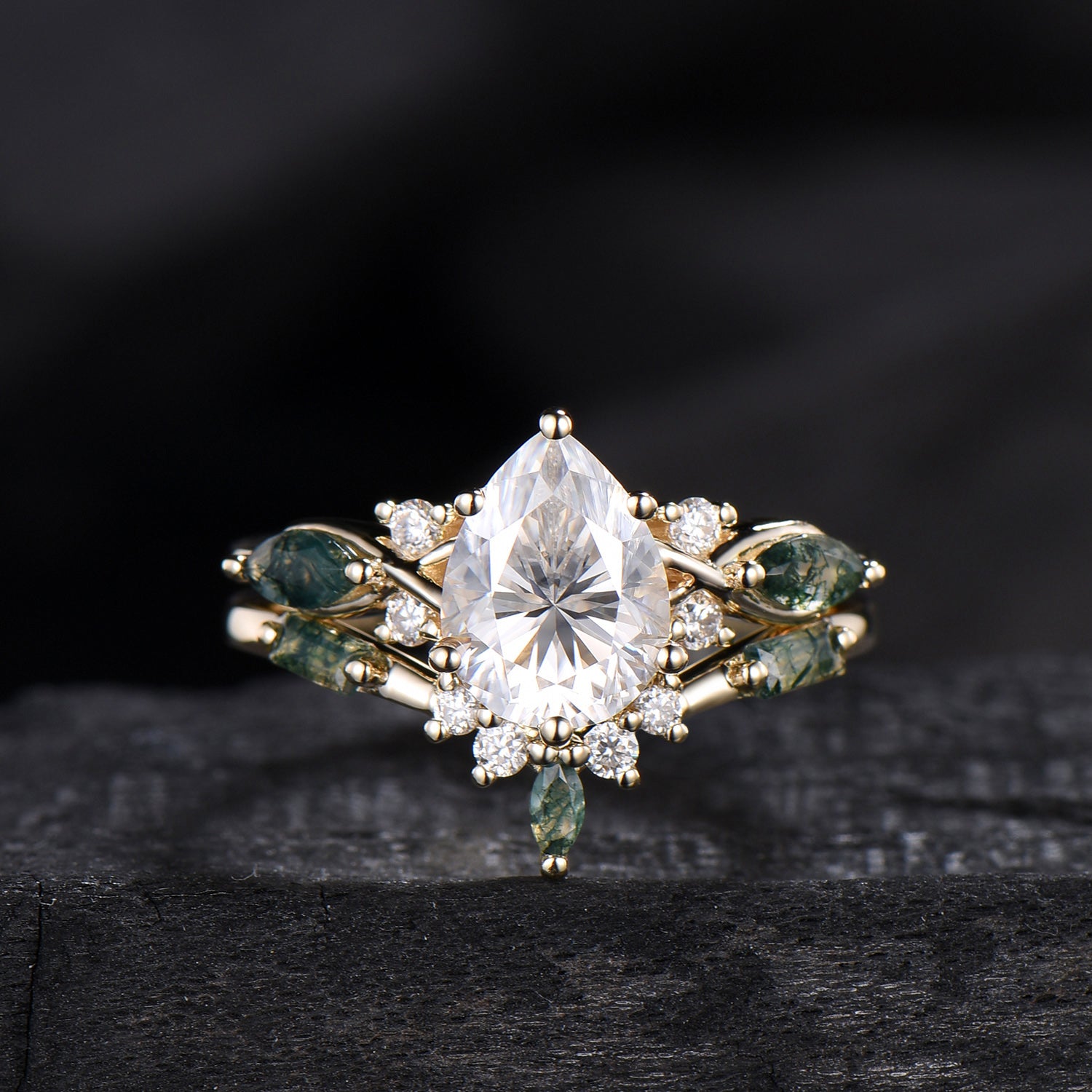 Vintage Pear Shaped Lab Grown Diamond Engagement Ring Set Marquise Moss Agate Wedding Ring Set