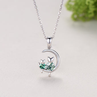 Dainty cat moss agate necklace silver white gold moon family green emerald pendant personalized Fine Jewelry