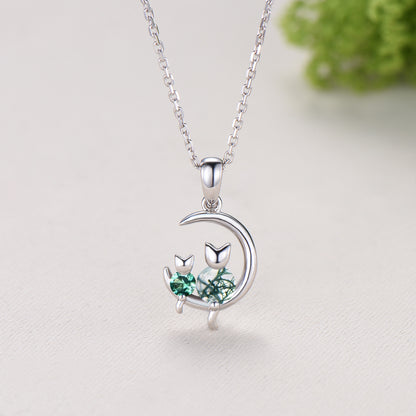 Dainty cat moss agate necklace silver white gold moon family green emerald pendant personalized Fine Jewelry