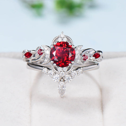 Vintage Red Ruby Engagement Ring Set Unique Leaves Nature Inspired Wedding Ring Rose Gold Art Deco Moissanite Bridal Ring Set for Women - PENFINE