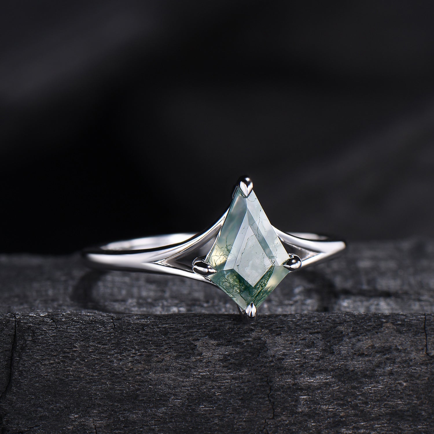 Kite Cut Moss Agate Engagement Ring | Split Shank Minimalist Promise Ring