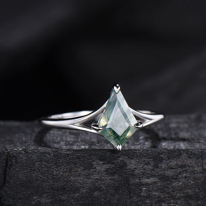 Kite Cut Moss Agate Engagement Ring | Split Shank Minimalist Promise Ring