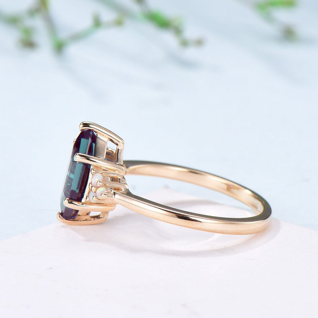 Octavia elongated hexagon alexandrite engagement ring cluster opal 14k yellow gold wedding ring for women Color change anniversary gift - PENFINE