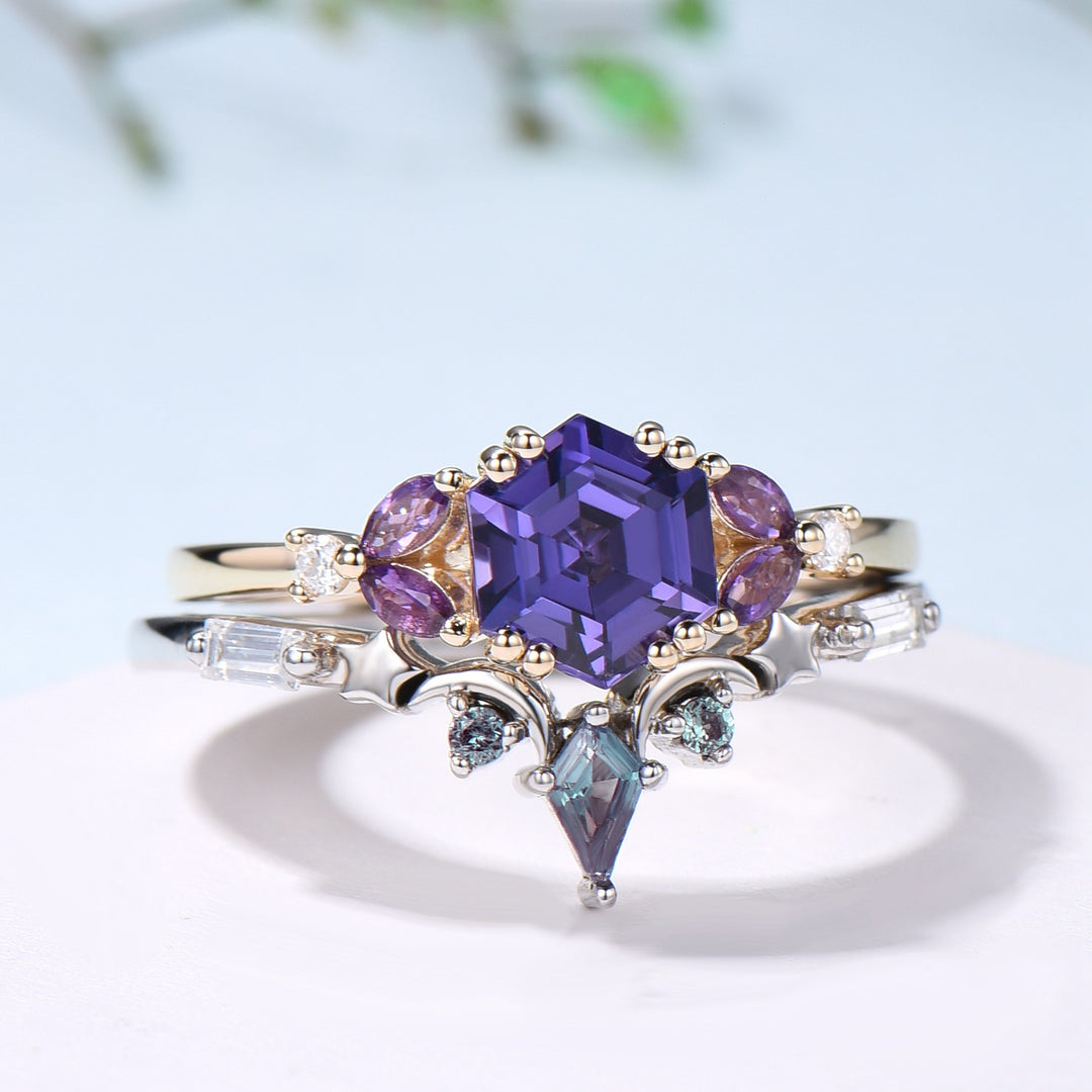 Unique Hexagon Purple Sapphire engagement ring set- moon star curved alexandrite wedding band - PENFINE