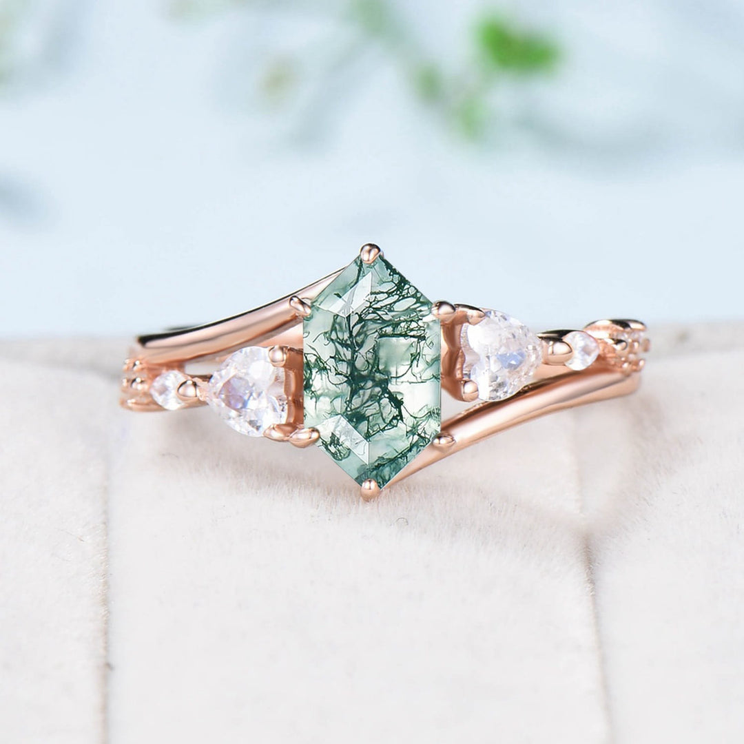 Unique Long hexagon cut moss agate ring Vintage Green Agate engagement ring Heart moissanite Infinity wedding ring proposal gifts for women - PENFINE