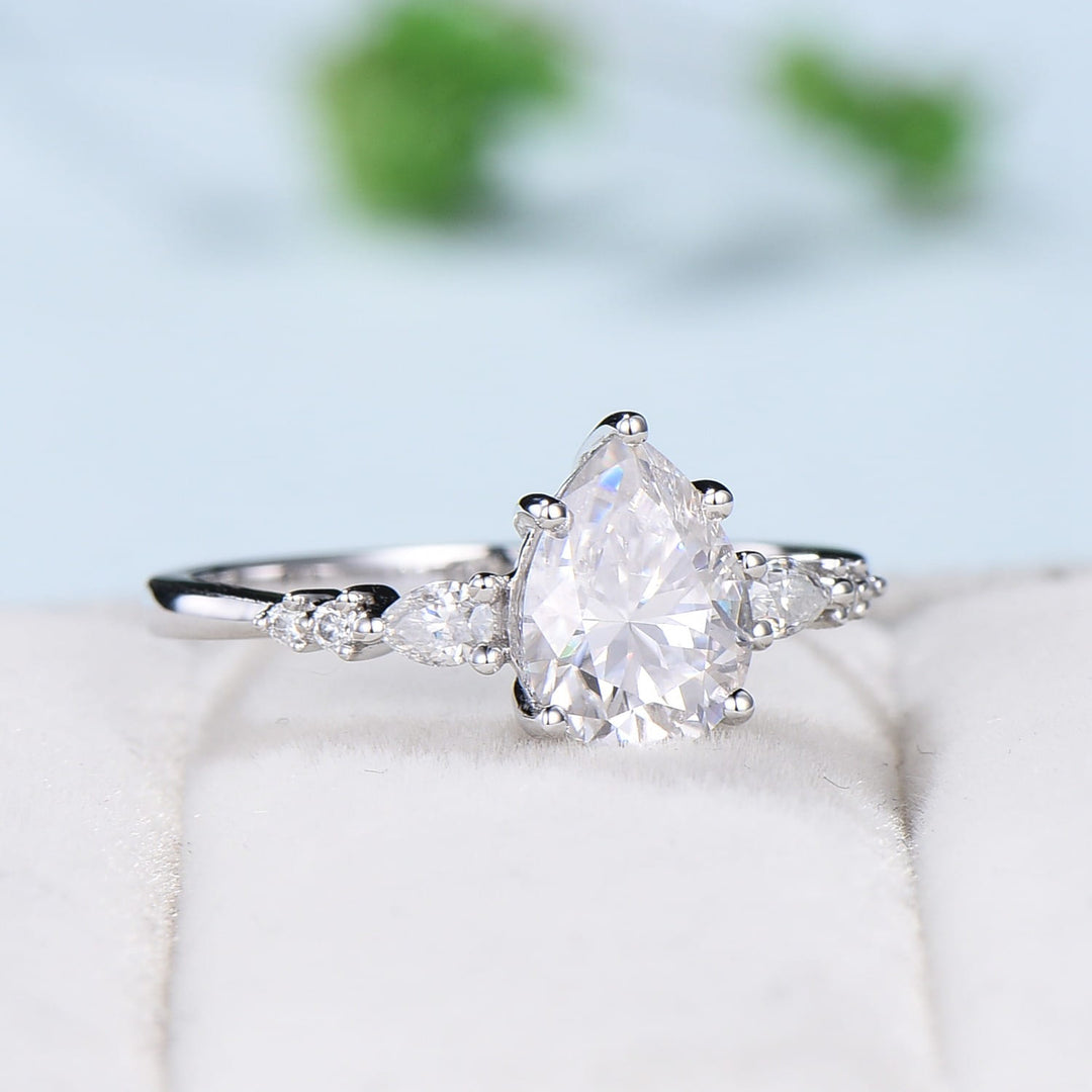 1.25CT pear shaped moissanite ring vintage 7 stone Moissanite engagement ring white gold Wedding Ring Women Unique Bridal Ring Proposal Gift - PENFINE