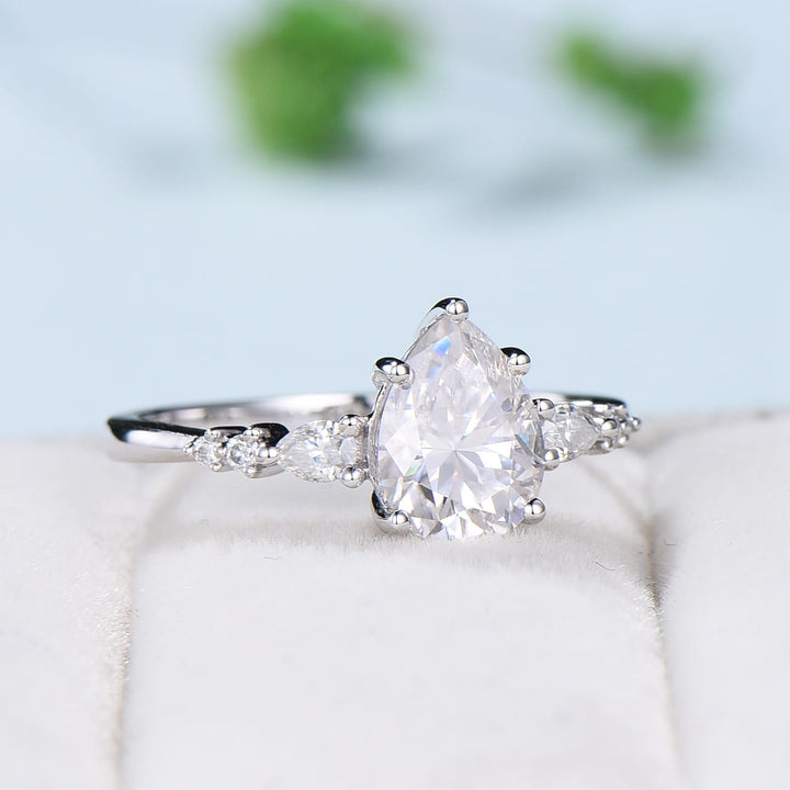 1.25CT pear shaped moissanite ring vintage 7 stone Moissanite engagement ring white gold Wedding Ring Women Unique Bridal Ring Proposal Gift - PENFINE