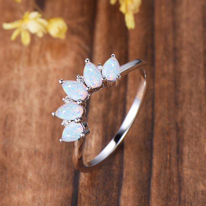 Vintage White Fire Opal Wedding Band, Curved Stacking Ring, 14K Rose Gold Five Stone