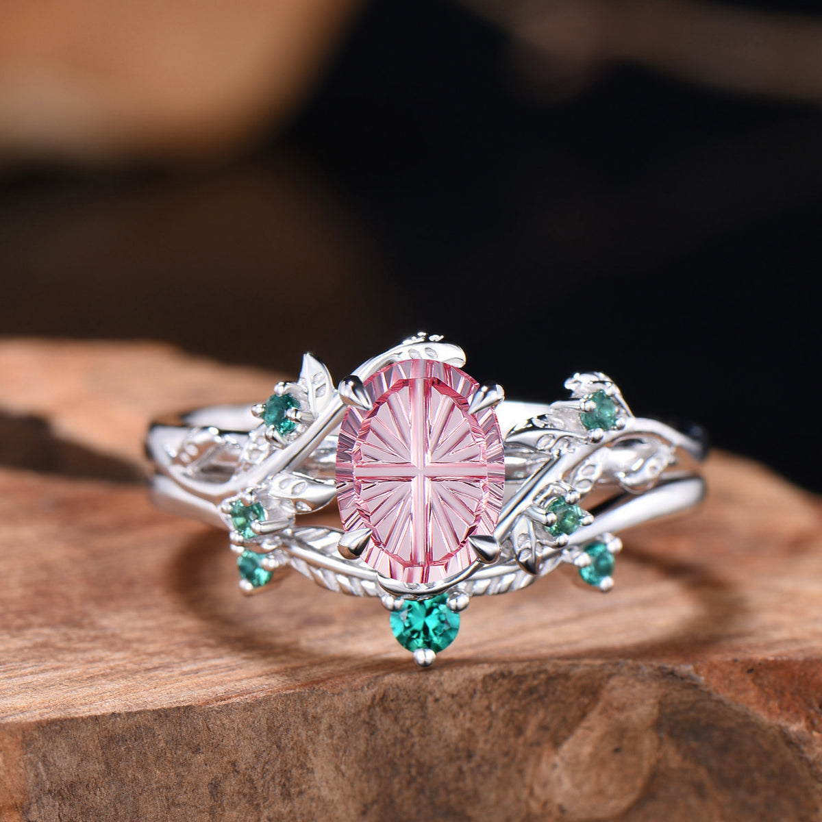 1.5CT Fantasy Cut Padparadscha Sapphire Leaf Bridal Set Emerald Nature Inspired Ring