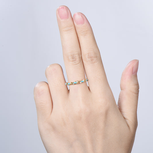 Vintage Yellow Gold Turquoise Opal Wedding Band, Peridot Moissanite Stacking Ring