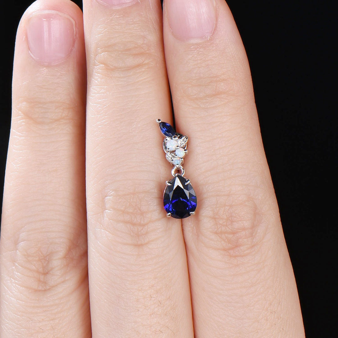Nature Inspired Pear Shaped Blue Sapphire Earrings Leaf Stud Earrings Silver Vintage Unique Opal Earrings Handmade Anniversary Promise Gift - PENFINE