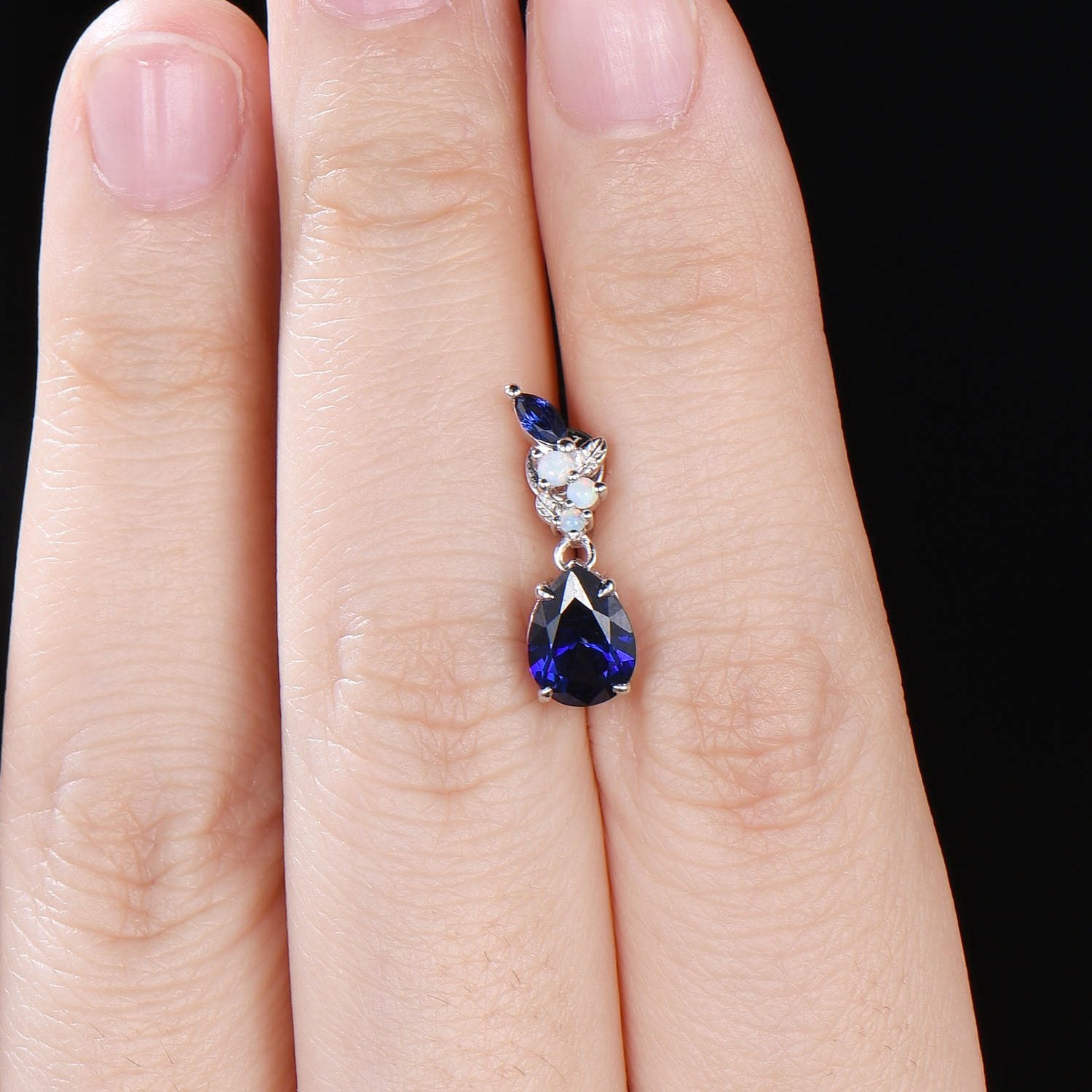 Nature Inspired Pear Shaped Blue Sapphire Earrings Leaf Stud Earrings Silver Vintage Unique Opal Earrings Handmade Anniversary Promise Gift - PENFINE