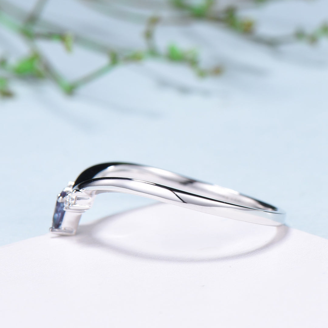 Dainty Curved Alexandrite Wedding Ring Women Kite Alexandrite Stacking Band Moissanite  Anniversary Ring Art Deco June Promise Ring For Her - PENFINE