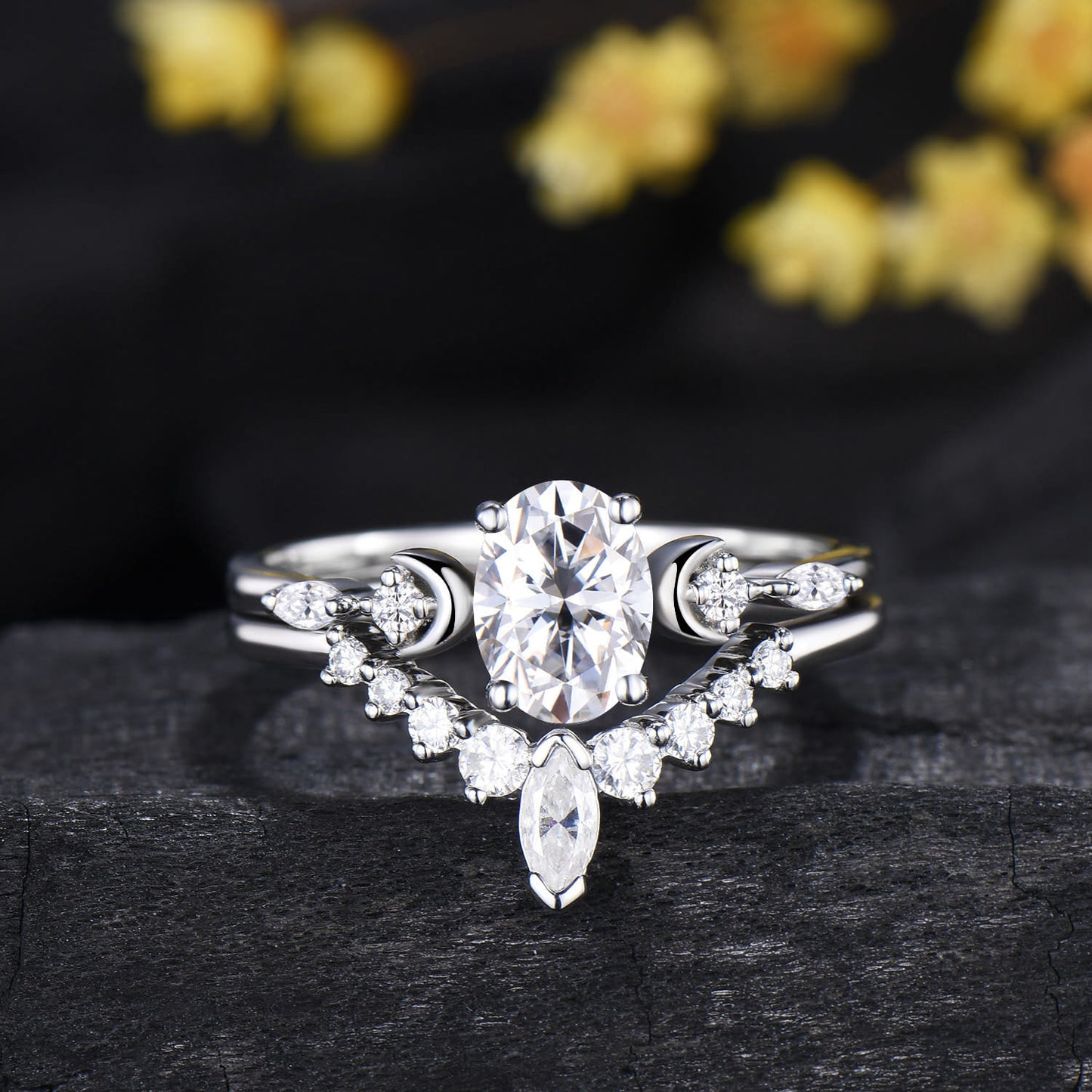 Oval Cut Moissanite Moon 5 Stone Engagement Ring Diamond White Gold Ring Set