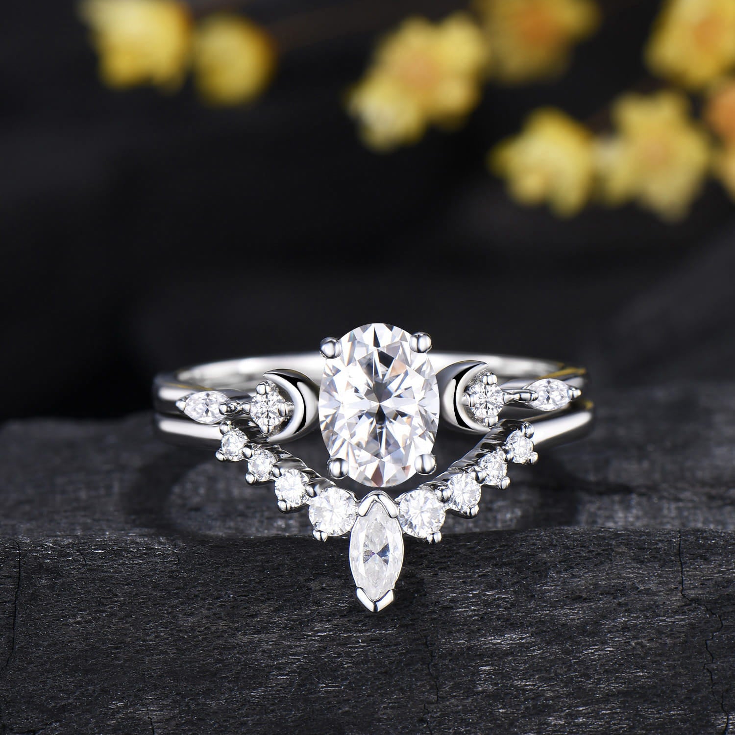 Oval Cut Moissanite Moon 5 Stone Engagement Ring Diamond White Gold Ring Set