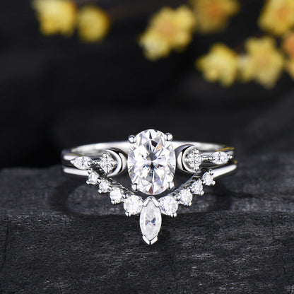 Oval Cut Moissanite Moon 5 Stone Engagement Ring Diamond White Gold Ring Set