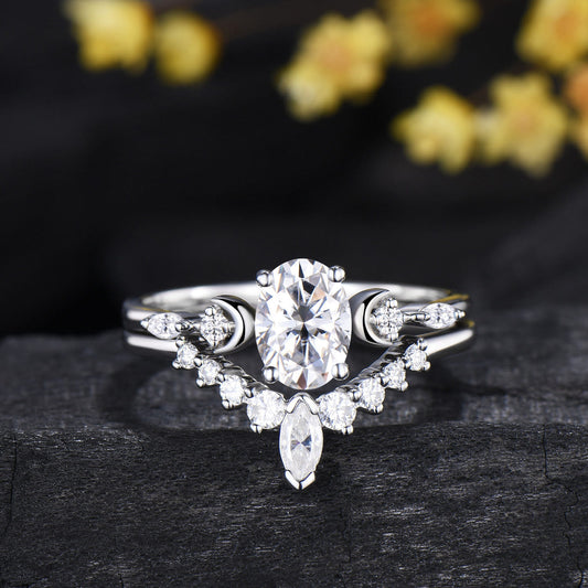 Oval Cut Moissanite Moon 5 Stone Engagement Ring Diamond White Gold Ring Set