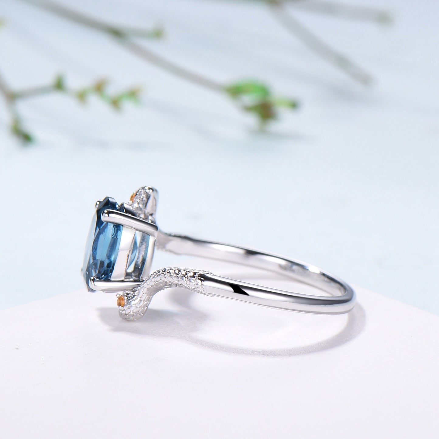 Snake Ring: London Blue Topaz, Citrine, Handmade Gold Anniversary Ring - PENFINE