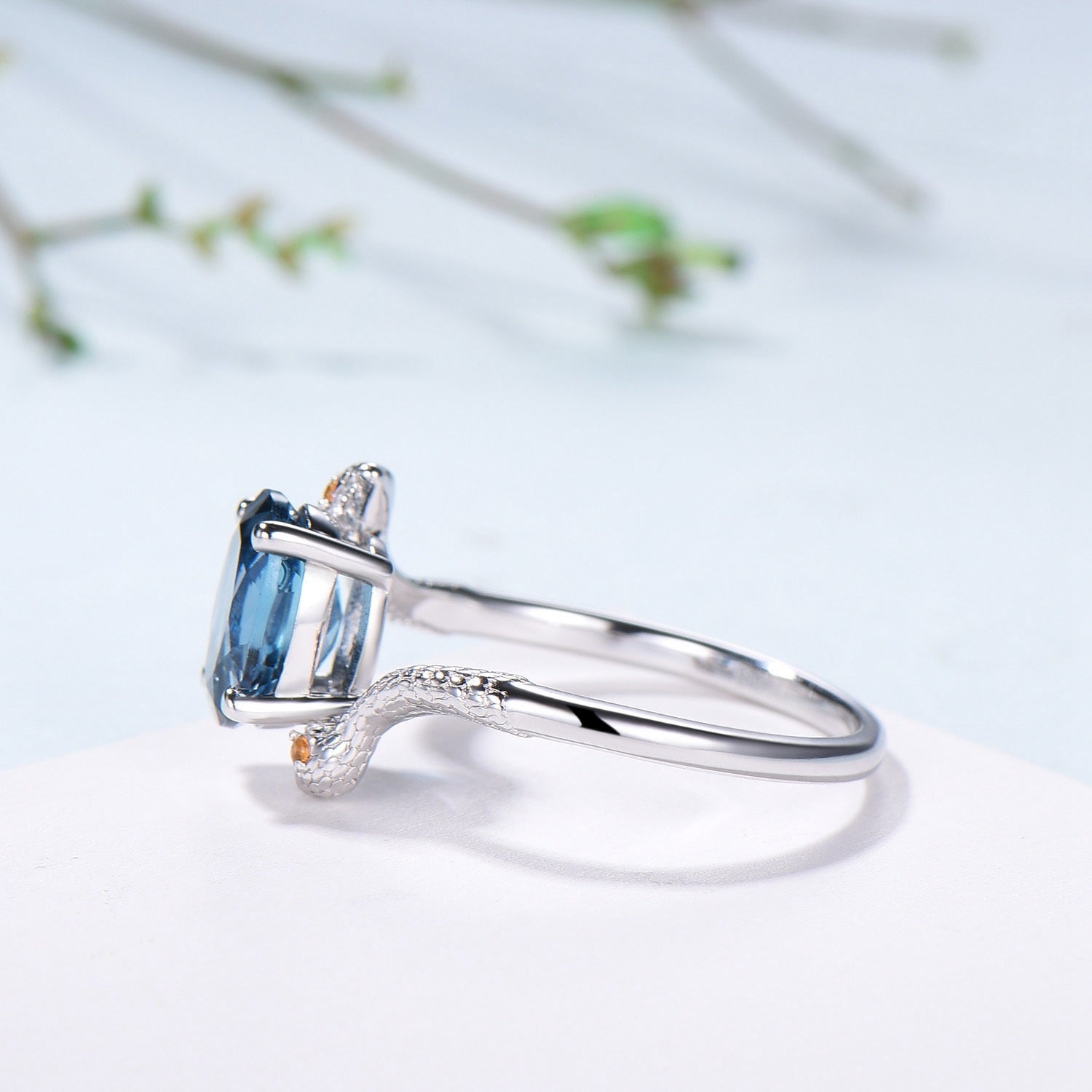 Snake Ring: London Blue Topaz, Citrine, Handmade Gold Anniversary Ring - PENFINE